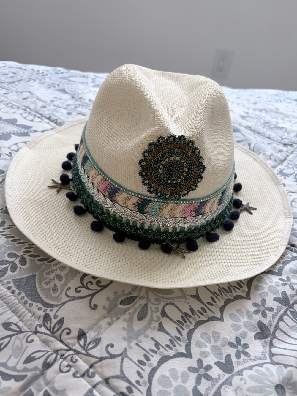 Boho Embellished Cream Fedora Hat with Multicolor Trim
